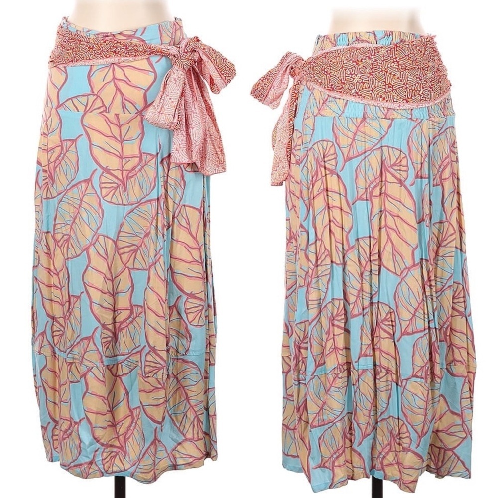 Anna Ocean Womens Maxi Skirt Size XS Teal Leafy Tropical Bottom